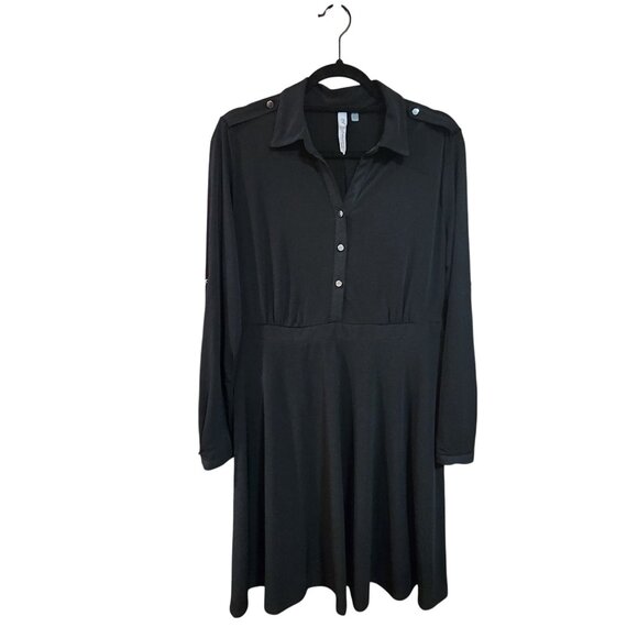 NY Collection Black Long-Sleeve Button-Up Collared Dress With Flared Skirt women - Picture 1 of 3
